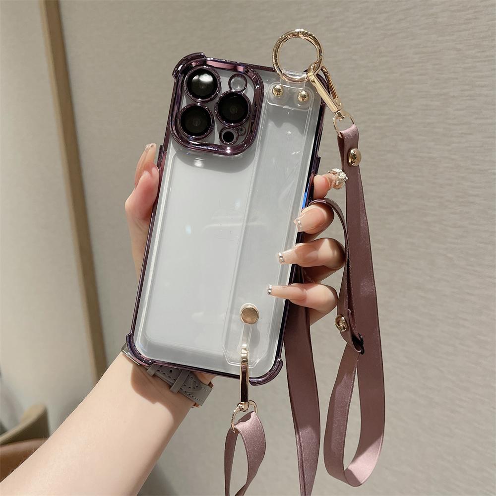 Luxury Plating Wristband Crossbody Lanyard Clear Hard Case For iPhone 16 15 14 Pro Max 13 12 11 XS X XR Transparent Soft Cover