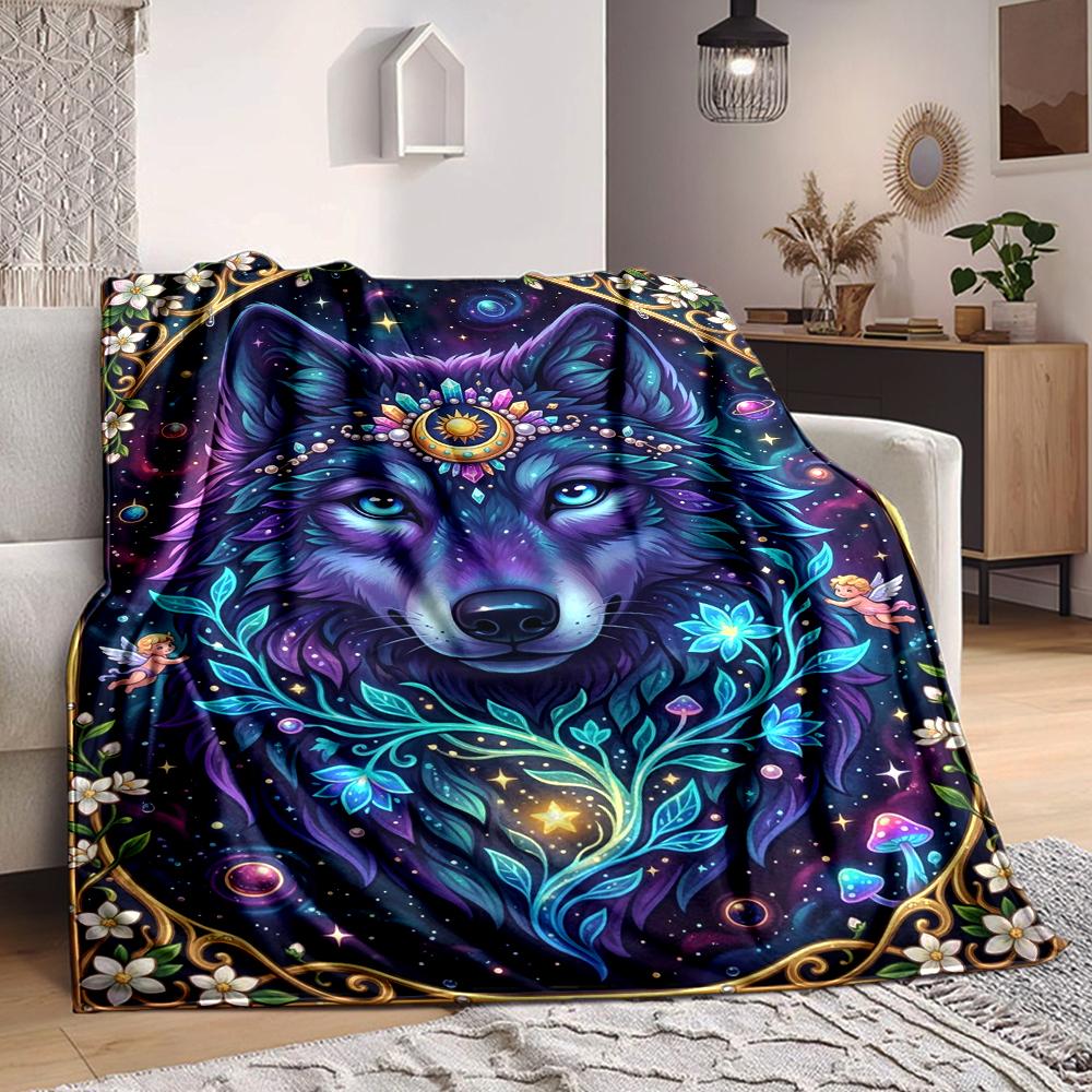 1Pc Wolf Spirit Fantasy Flannel Blanket, Soft And Comfortable, Casual Warm, Camping Travel, Christmas, Halloween Xmas Gift. G185