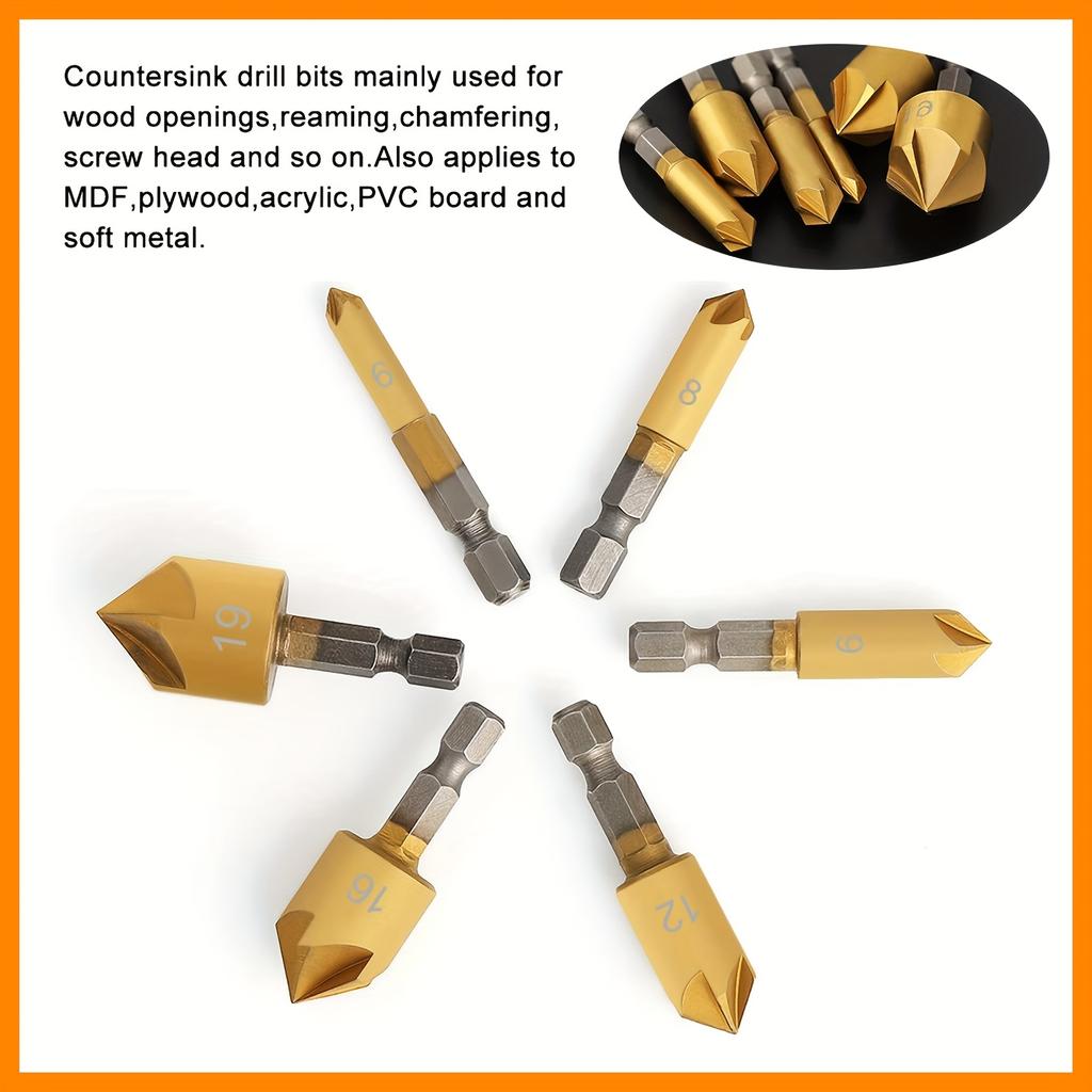 6pcs Hexagonal Handle Titanium Plated Five Edge Chamfer for Reaming and Chamfer Woodworking Drill Set Made of High Speed