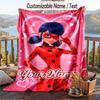 Miraculous Ladybug Flannel Blanket, Personalized Custom Name Text, Soft Warm Plush Throw Blanket For Gift