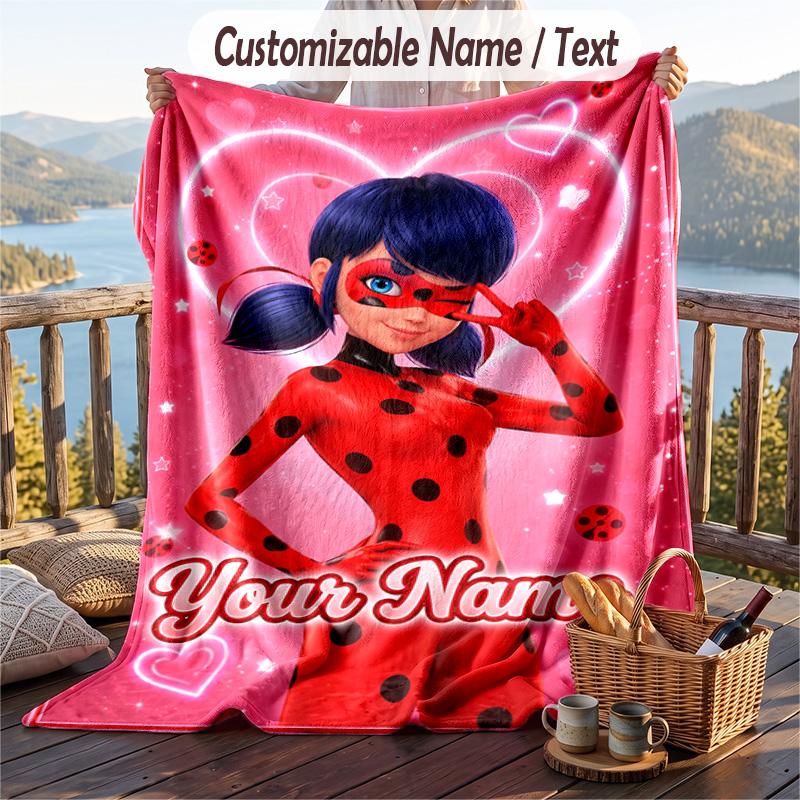 Miraculous Ladybug Flannel Blanket, Personalized Custom Name Text, Soft Warm Plush Throw Blanket For Gift