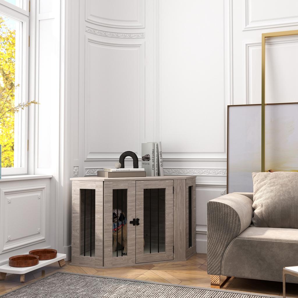 Dog Crate Furniture Side Table, with Cushion, 104 x 55 x 63cm - Walnut Brown
