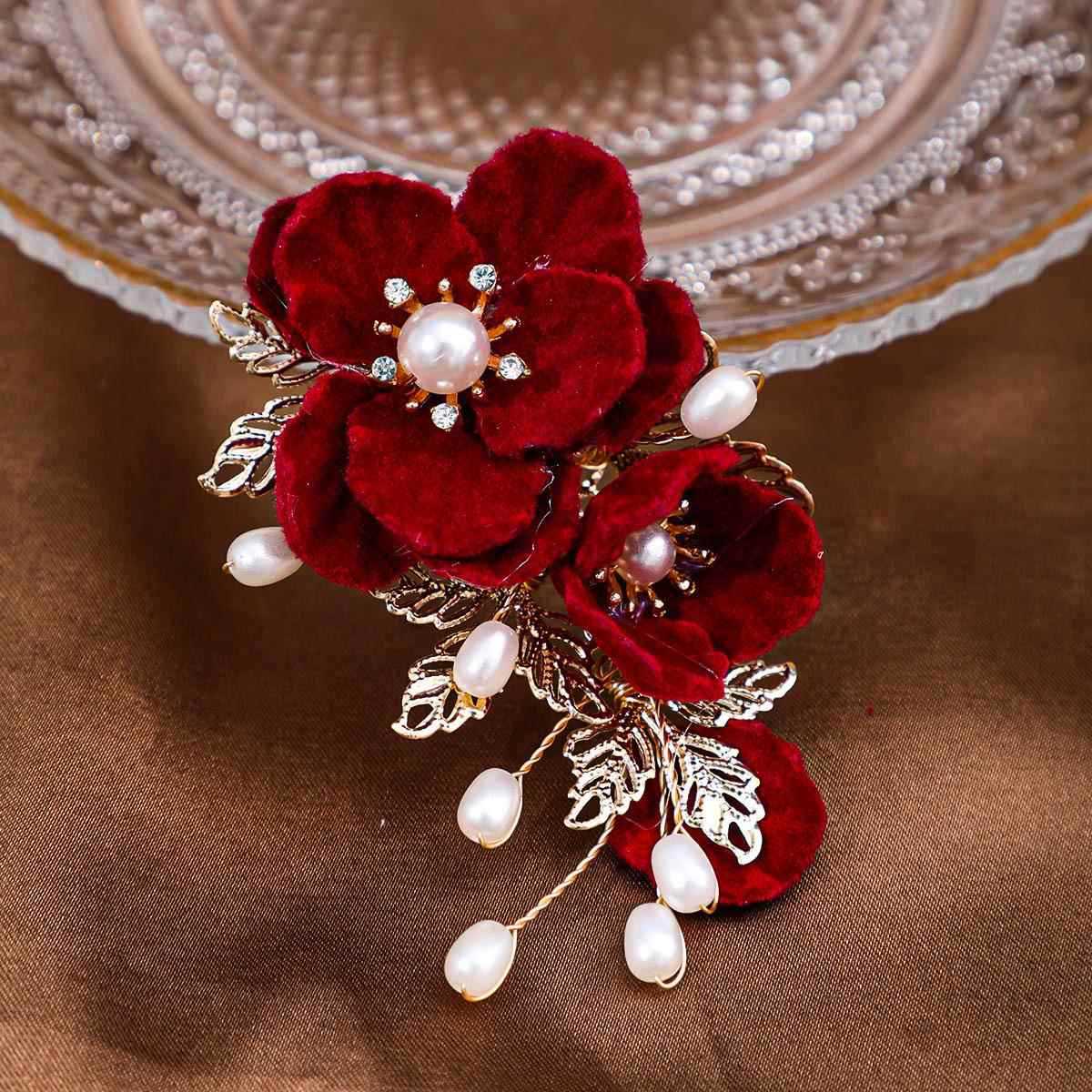 

Red Wedding Hair Clip: Mother-in-Law Qipao Bride Updo Side Flower Hairpin