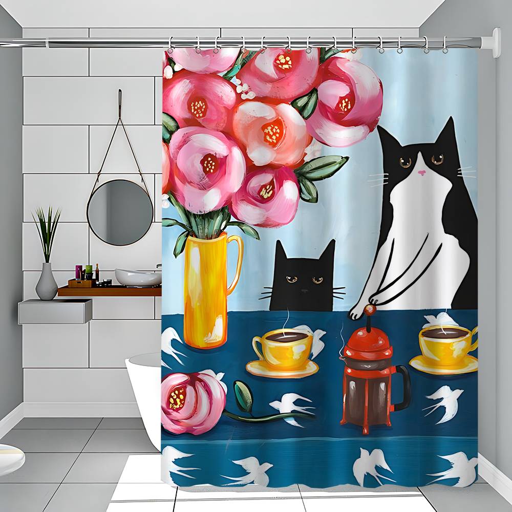 Black And Pink Cat Funny And Creative Beach Shower Curtain Waterproof Polyester Bath Curtains For Bathroom Decorate With Hooks