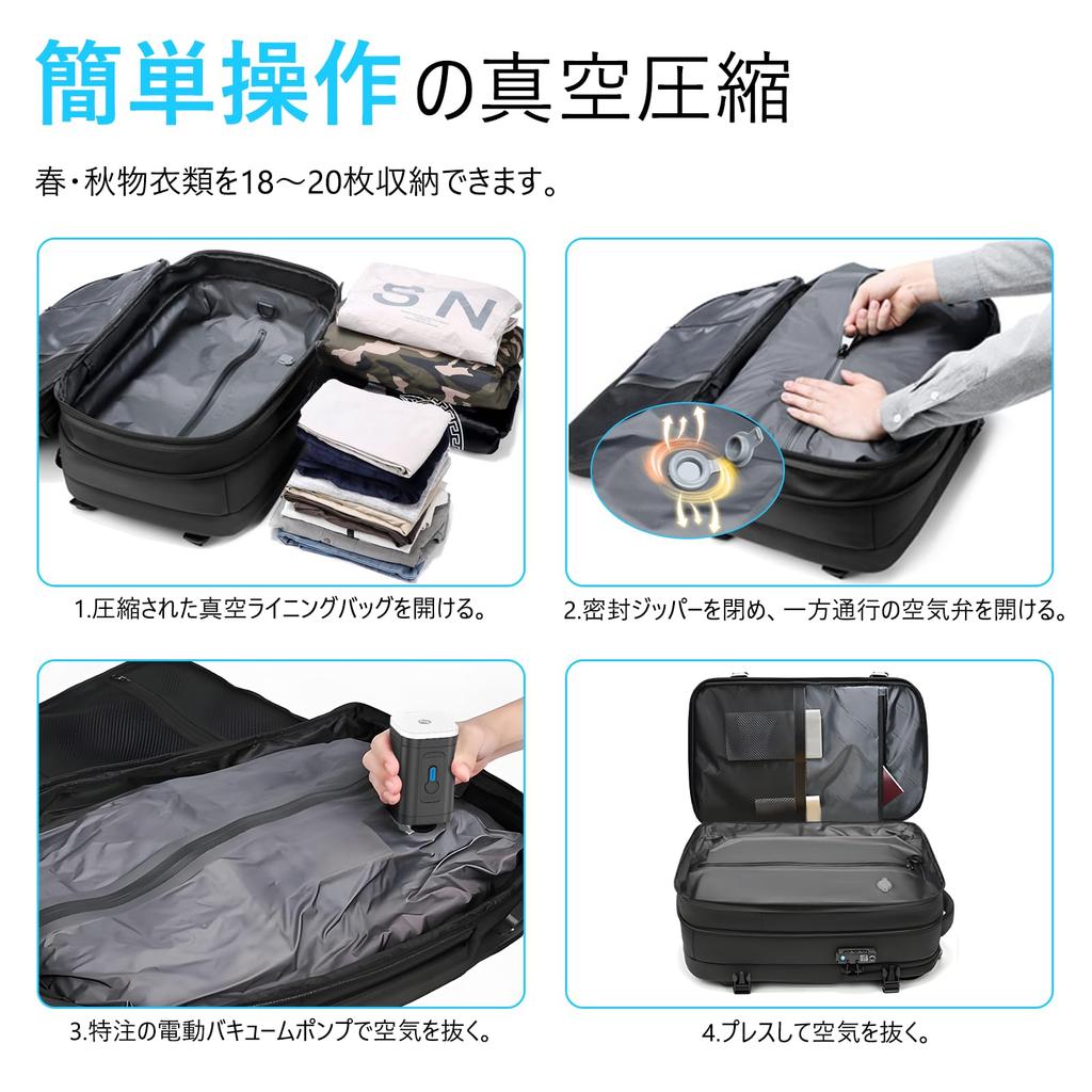 HVQ 60L Vakuum-Kompressionsrucksack für Herren, TSA-Schloss, Wasserdicht und Staubdicht, Großes Fassungsvermögen, Passt für 17-Zoll-Laptop, Notfall-Handgepäck-kompatibel,