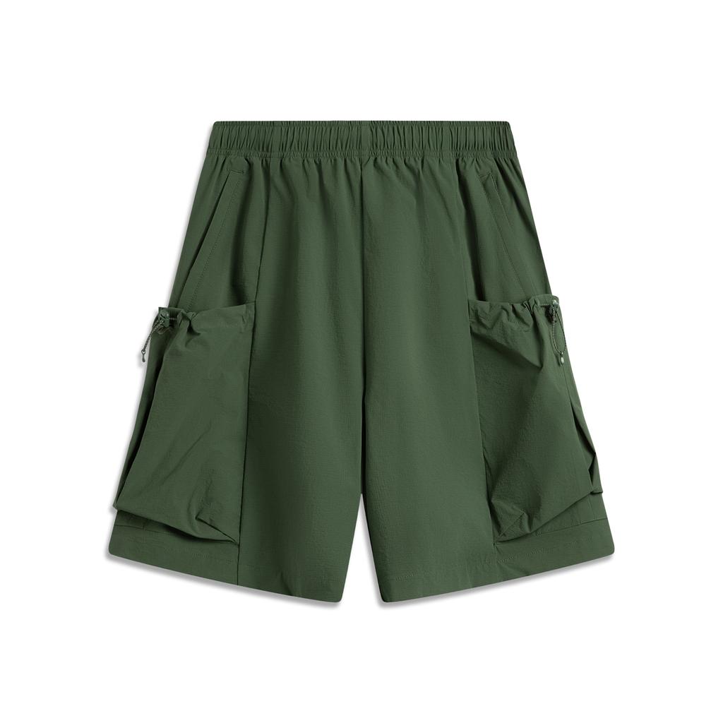 Li Ning Sports Lifestyle Series Solid Color Mid Waist Breathable Versatile Straight Leg Sports Shorts Men shorts Dark-Wilderness-Green AKSV289-5