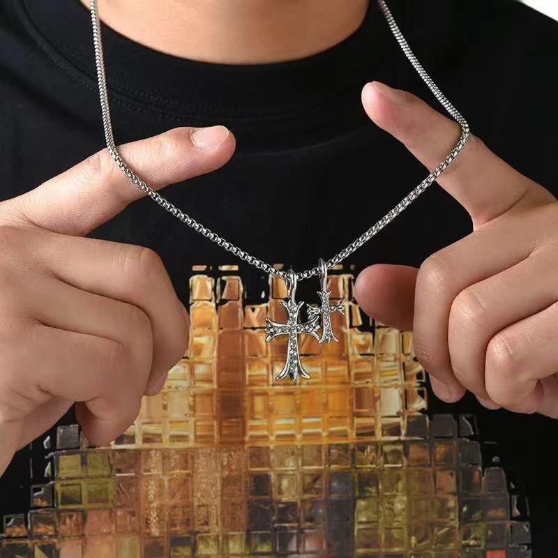 Women's Trendy Diamond-Studded Double Cross Necklace - Hip Hop Pendant & Sweater Chain Accessory
