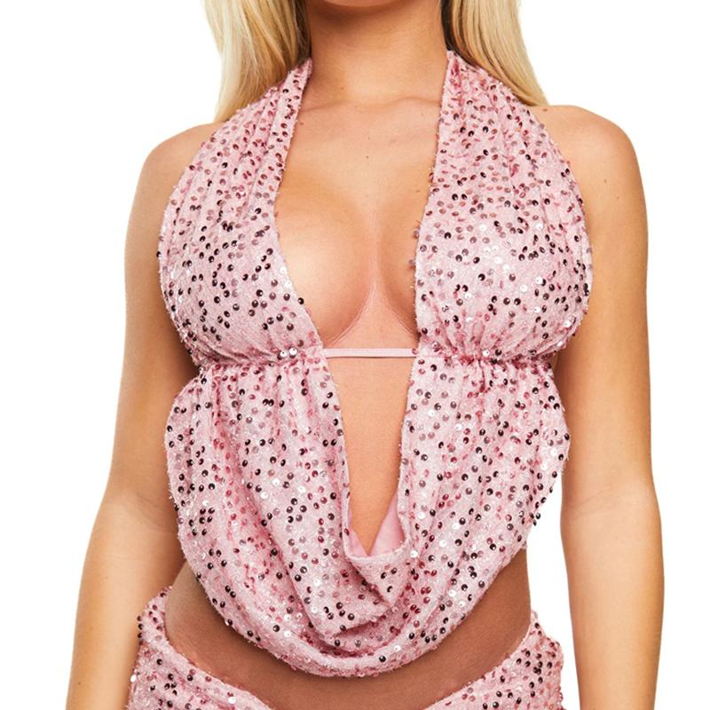 Glitter Shiny Mini Shorts Set Women Y2k Sparkly Sequin Outfits 2 Piece Sexy Sleeveless Low Cut Halter Crop Top Fitted Club Party