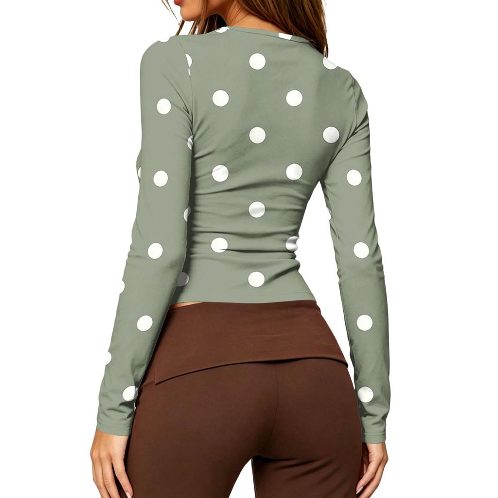 Women's Casual Long Sleeve Polka Dot Print Round Neck Slim Fit Top
