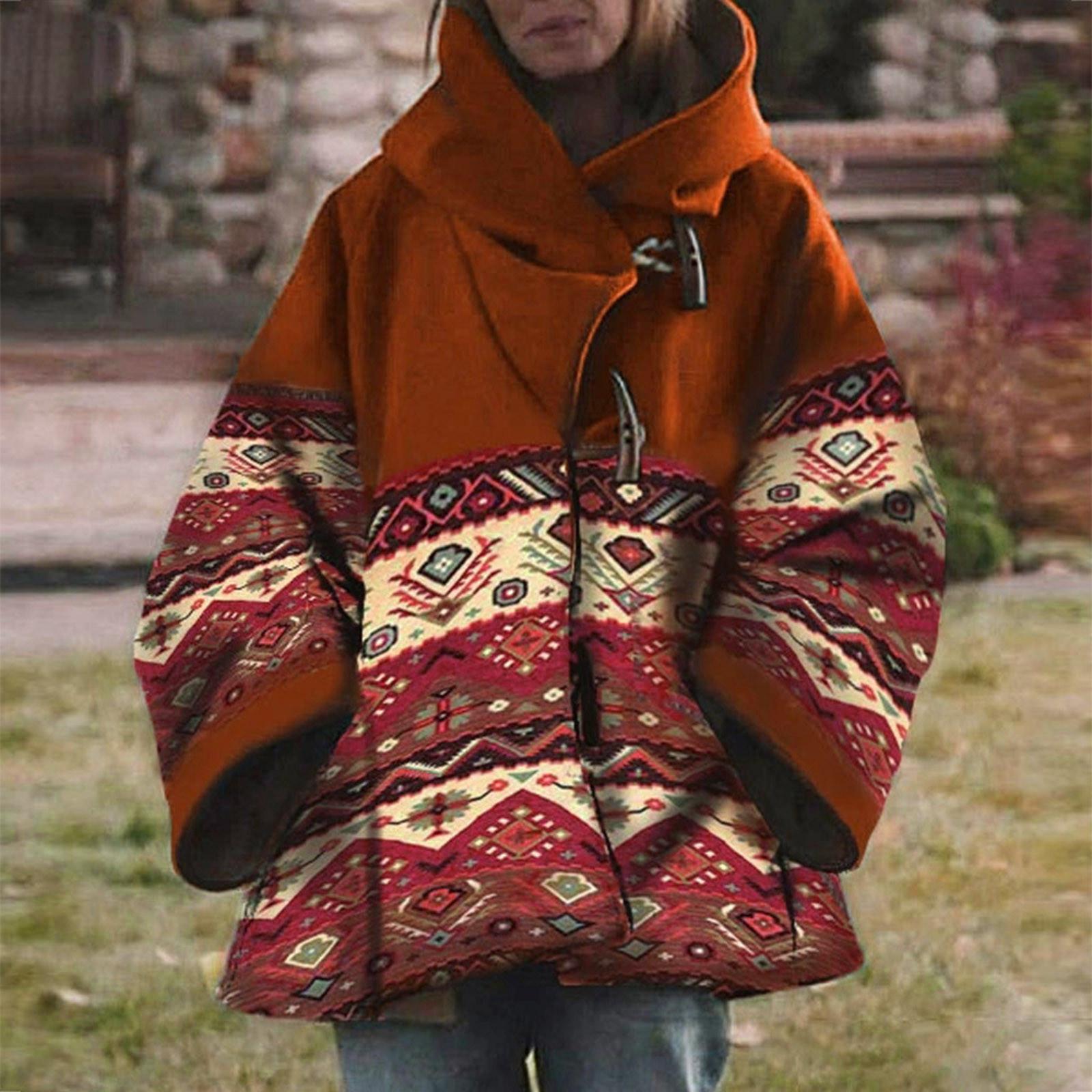 

Женская повседневная куртка с капюшоном и длинным рукавом с принтом в стиле ретро, ​​пальто на пуговицах L