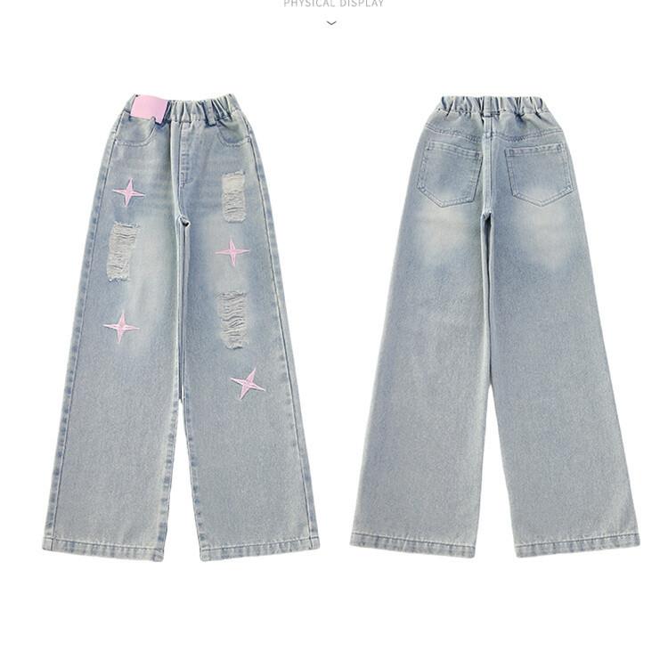Girls' Wide Leg Pants Girls' Jeans Straight Leg Children's Ripped Jeans Spring and Autumn Styles