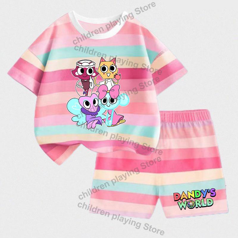 Dandys World Dziecięce Zestawy w Paski Lato Dziewczynki Chłopcy T-Shirt Szorty Garnitury Nadruk Kawaii Casualowa Odzież Sportowa Dziecięca Bielizna Nocna Prezenty