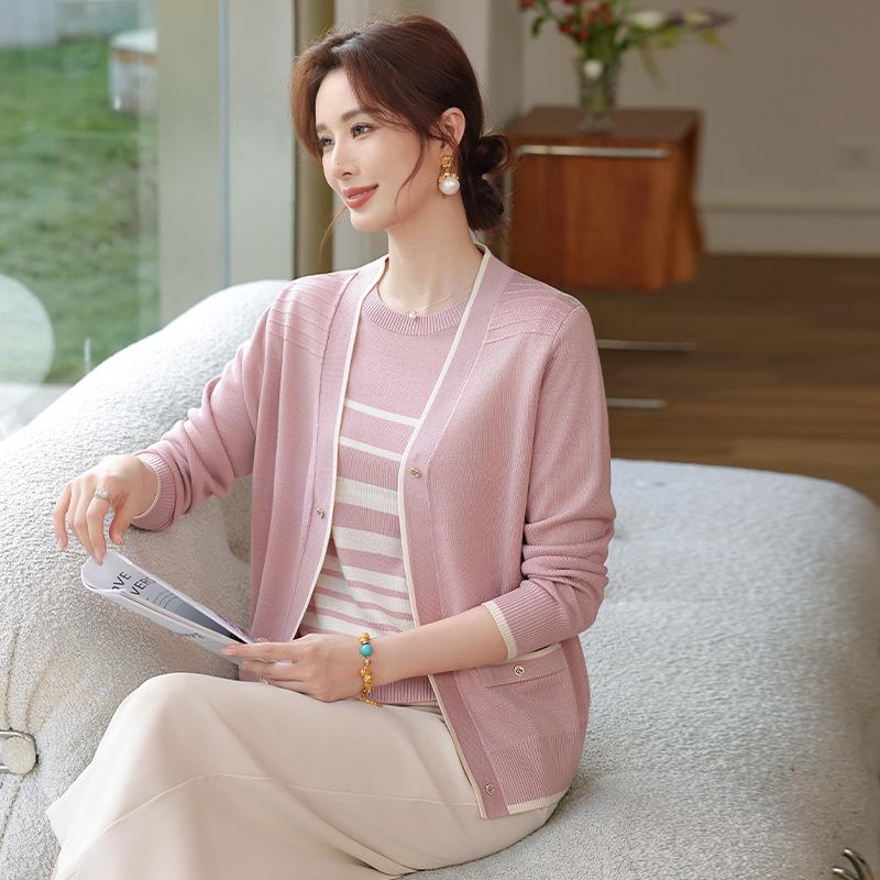 Mom's Chic Spring Knit Cardigan & Inner Layer Striped Two-Piece Set for Mid-Aged Woman