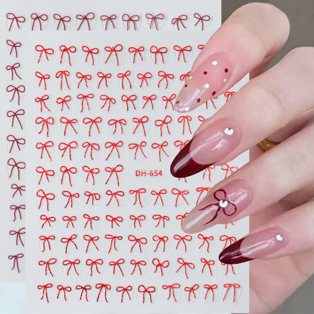 Nail Art Sticker, New Year'S Red Laser Red French Bow Atmosphere Adhesive 3D Nail Sticker