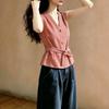 French retro red plaid sleeveless shirt women's summer new V-neck lace-up waist short-sleeved top A
