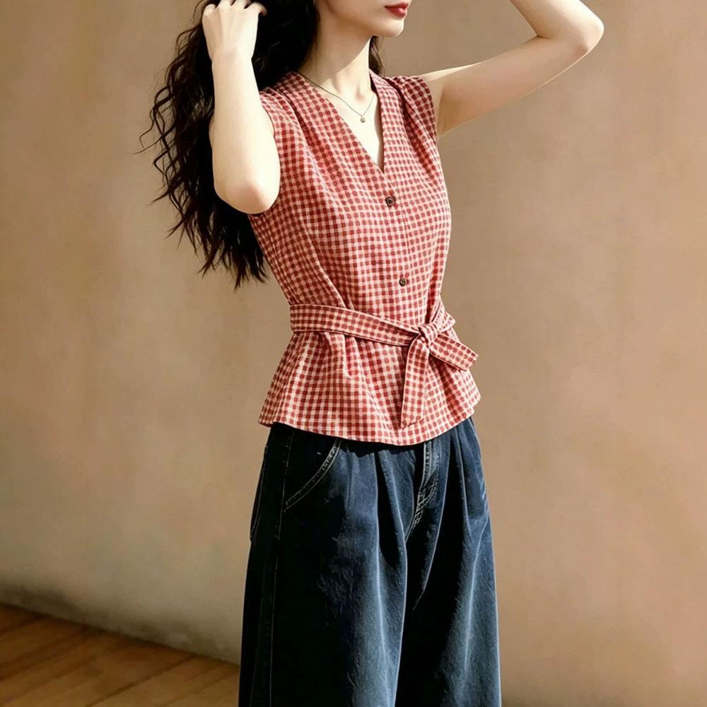 French retro red plaid sleeveless shirt women's summer new V-neck lace-up waist short-sleeved top A
