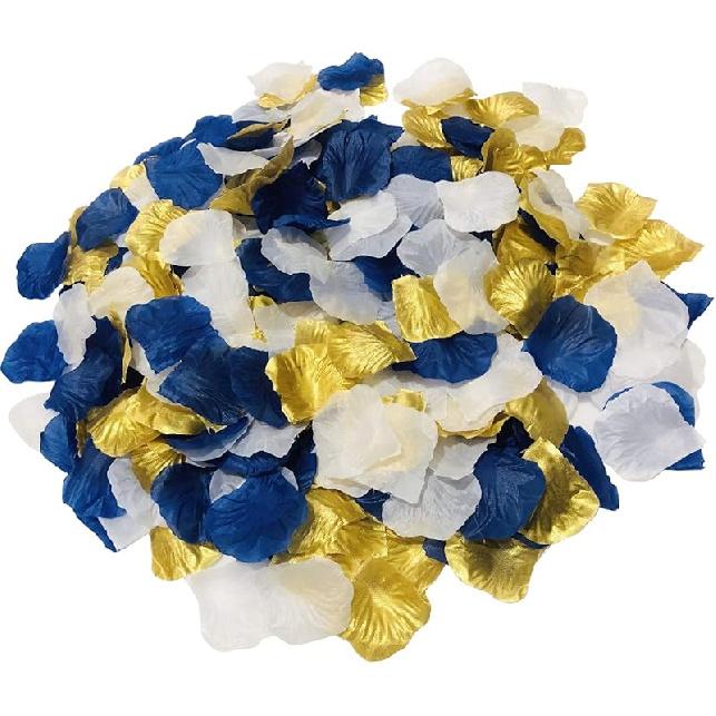 Mixed White & Dark Blue & Gold Artificial Flowers Silk Rose Petals 900PCS Flower Girl Scatter Petals for Wedding Aisle Centerpieces Table Confetti