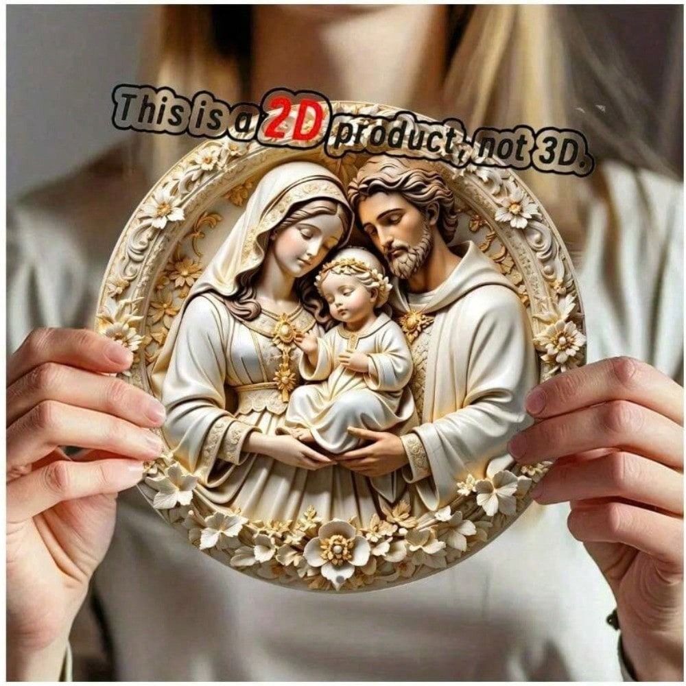 Metal Poster Wall Art Sacred Family with Jesus Religious Icon for Home Church Round 8x8 Inch Christian Decor Gift