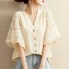 Vintage Shirts Summer Lace Crochet Blouse Women Lapel Neck Half Sleeve Tops Embroidered Femme Causal Work Shirt