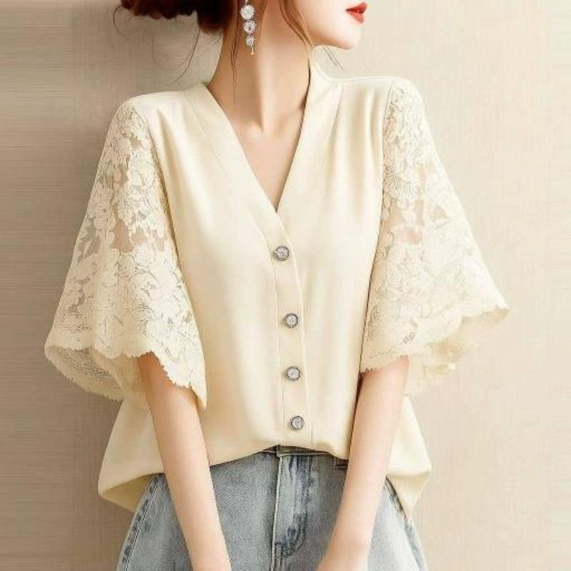 Vintage Shirts Summer Lace Crochet Blouse Women Lapel Neck Half Sleeve Tops Embroidered Femme Causal Work Shirt
