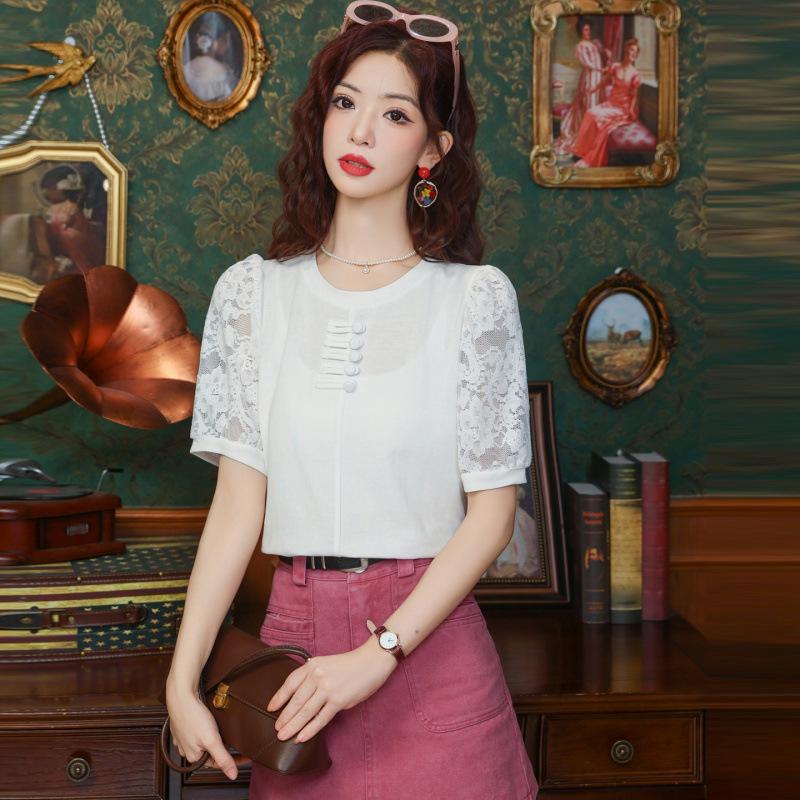2026 Summer Retro Lace Patchwork Round Neck Chinese Style Casual Top Extra Large белый