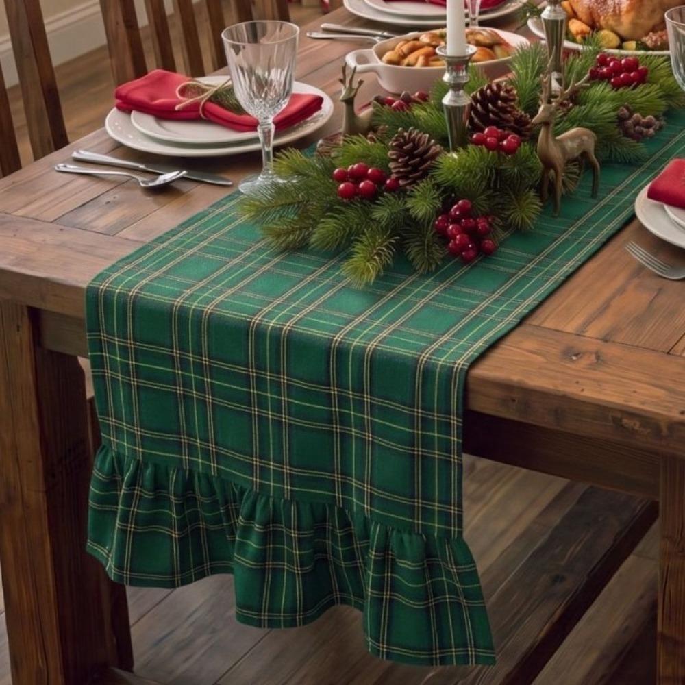Double Ended Lotus Leaf Edge Christmas Table Runner Washable Rustic Style Ruffle Edge Table Flag Vintage Checkered