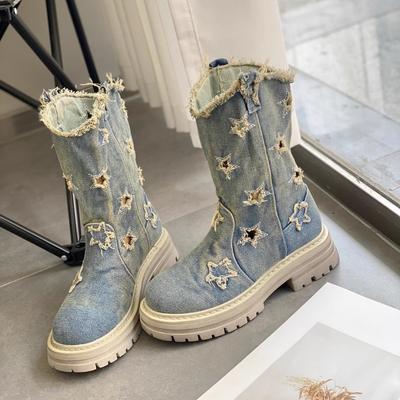 Stiefel Frauen 2024 Sommer Western Cowboy Stiefel Mitte Wade Kurze Stiefel Aushöhlen Atmungsaktive Arbeitskleidung Ritter Botas Casual Frauen Schuhe