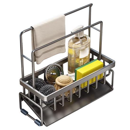 Drain Rack Rustproof Carbon Steel Organizer with Detachable Drain Tray Storage Rack for Kitchen Sink Sponges Soap