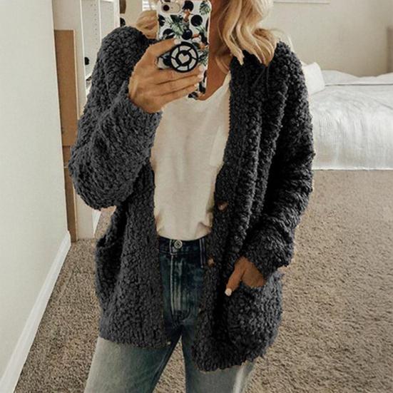 Women Sweater Coat Long Sleeve Collarless Knitting Jacket with Pockets Loose Fit Solid Color Tops Coat Autumn Winter Wear