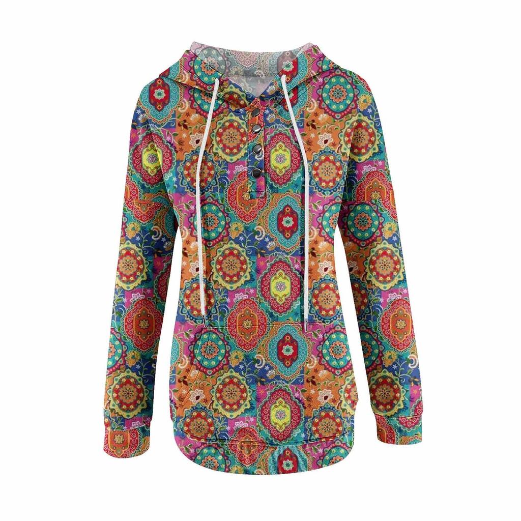 Long Sleeve Shirts For Women Lightweight Crewneck Loose Casual Print Hooded Draw Rope Pullover Tops