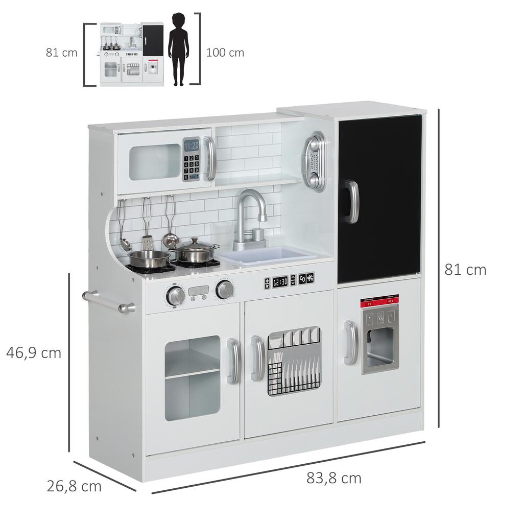 Pretend Play Kitchen, Kids Kitchen Playset, with Toy Phone, Chalkboard, Microwave, Cooking Stove, Sink, White