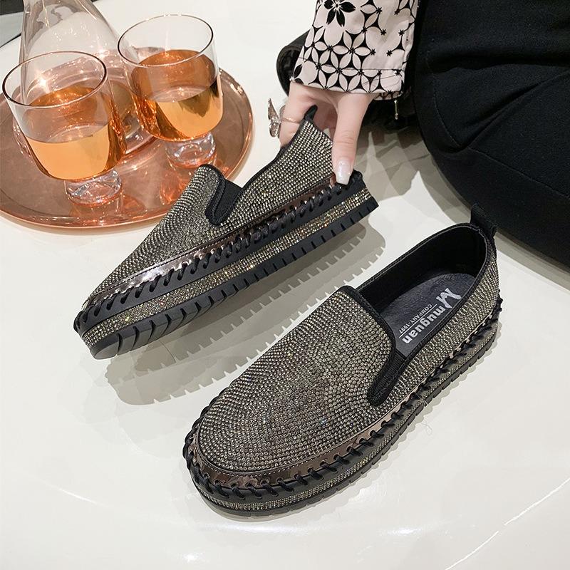 Spring new lazy one-pedal casual shoes thick-soled round head single shoes women's rhinestone loafer single shoes large size