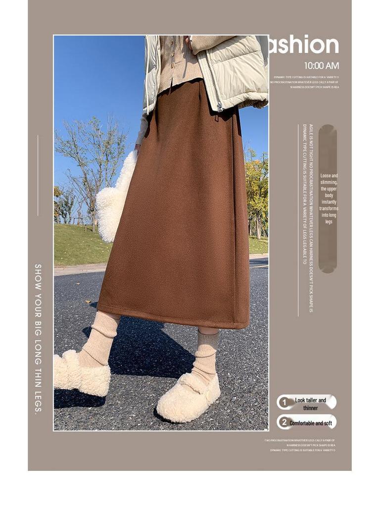 Woolen A-Line Umbrella Skirt for Women – Autumn/Winter 2025, Pear-Shaped Merade Color, Elegant Long Half Skirt