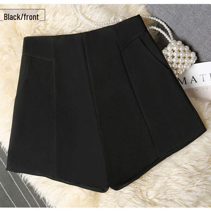 Hohe A-Linien-Shorts aus Wolle mit weitem Bein für Damen - Koreanischer Stil, Schwarz, Herbst/Winter 2025