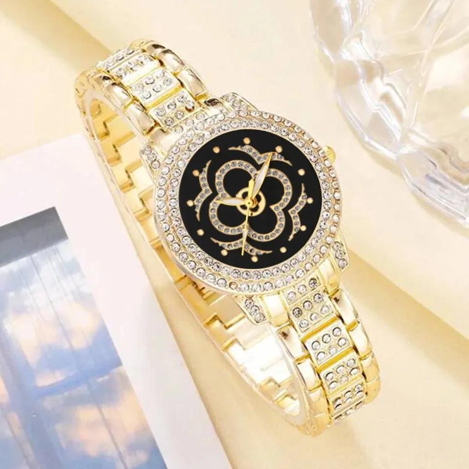 Ladies Fashion Exquisite Diamond Point Dial Full Diamond Steel Band Quartz Watch + Roman Bracelet Combination Set.