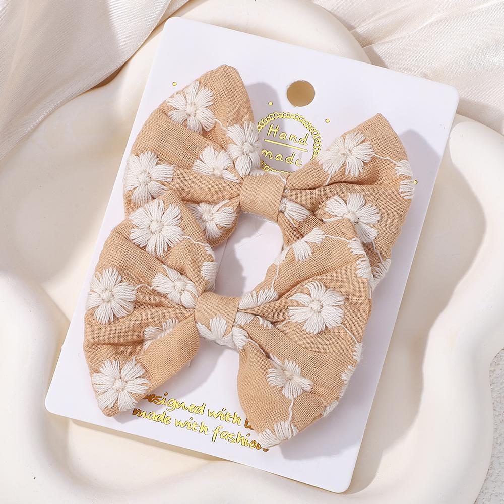 2Pcs/set Bows for Girls Hair Pins Embroidery Printing Hair Clips Solid Color Bowknot Handmade Barrettes Kids Hair Accessories