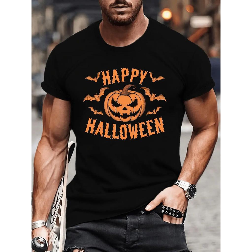 Men's Halloween Happy Pumpkin Printed T-shirt - Black with Orange Jack-O '- Lantern and Bold Text, 3D