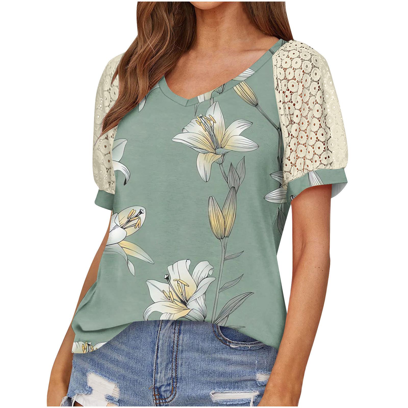 

Женская кружевная рубашка с коротким рукавом Футболка с V-образным вырезом Нарядные повседневные топы Реглан с коротким рукавом Кружевная вставка с короткими рукавами Удобный хлопковый топ L