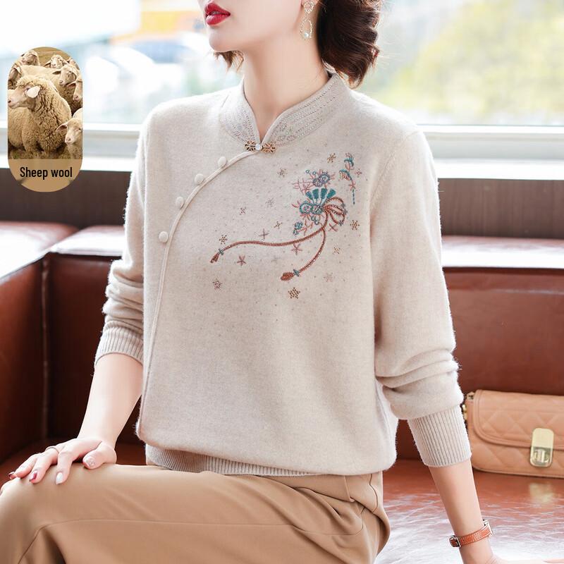 

Qianlian Вязаный свитер из 100% шерсти с вышивкой в новом китайском стиле 2XL