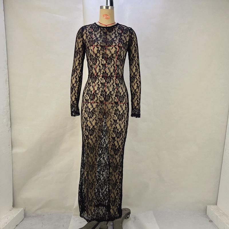 Women Sexy Slim Solid Color Lace Deep V Hollow Lace Long Sleeve Mop Long Dress