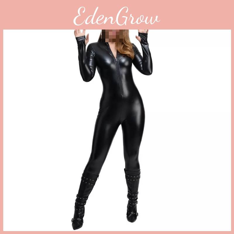 Verlockender schwarzer Ganzkörper-Latex-Body mit langen Ärmeln und Reißverschlussdesign für Rollenspiele und Cosplay