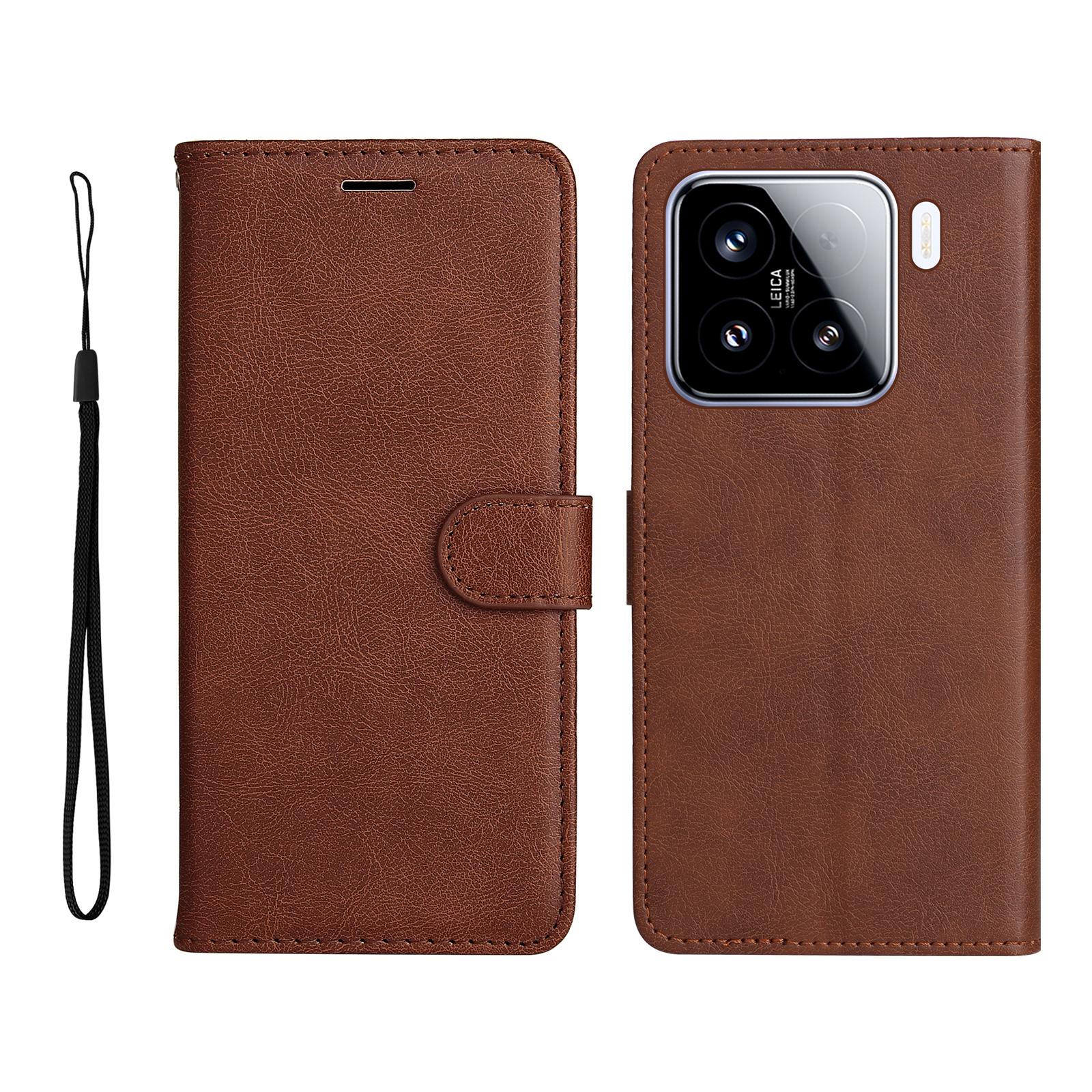 

For Xiaomi 15 Leather Wallet Case with Strap Solid Color Phone Stand Cover Brown