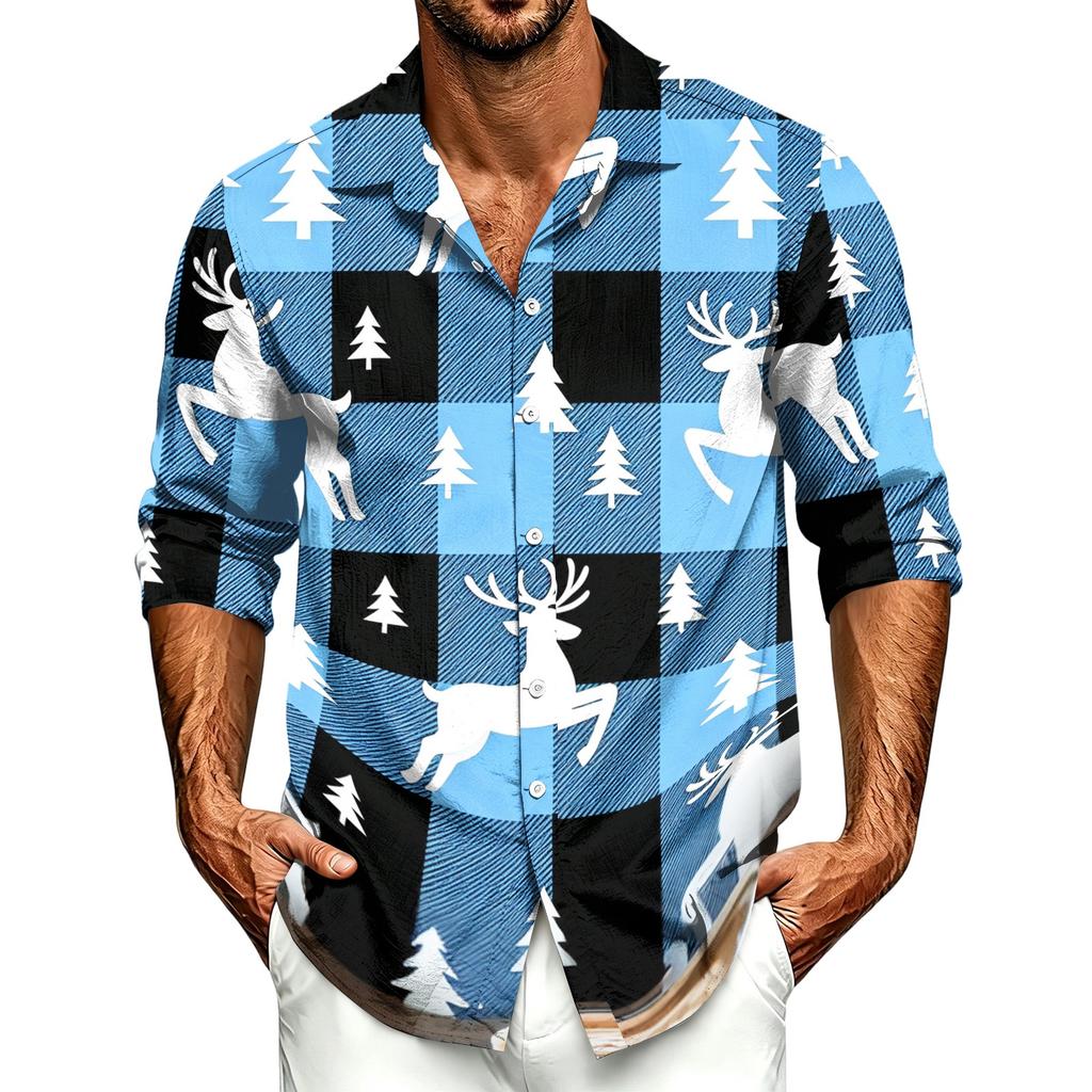 Men's Casual Long Sleeve Button Down Shirt with Christmas Print for Fall and Winter
