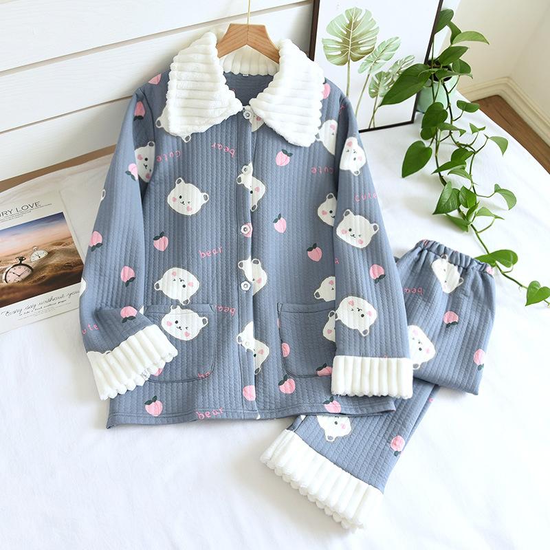 Fresh Sweet Winter Thicken Pajamas Sets Women Keep Warm 100% Scuba Cotton Quilted Long-sleeved Sleepwear