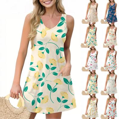 Women's Casual Summer Vest Dress With Pockets Floral Print V Neck Sleeveless Dress