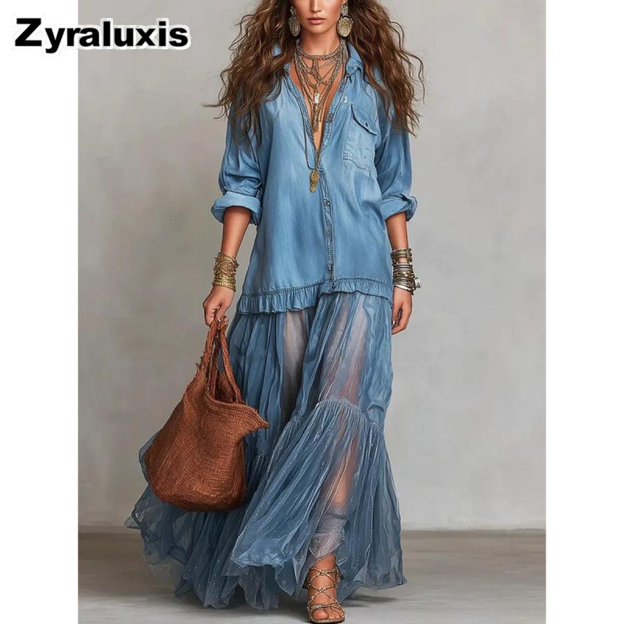 Trendy Vintage Retro Flapneck Denim Long Dress Casual Pocket Maxi Skirt for Women