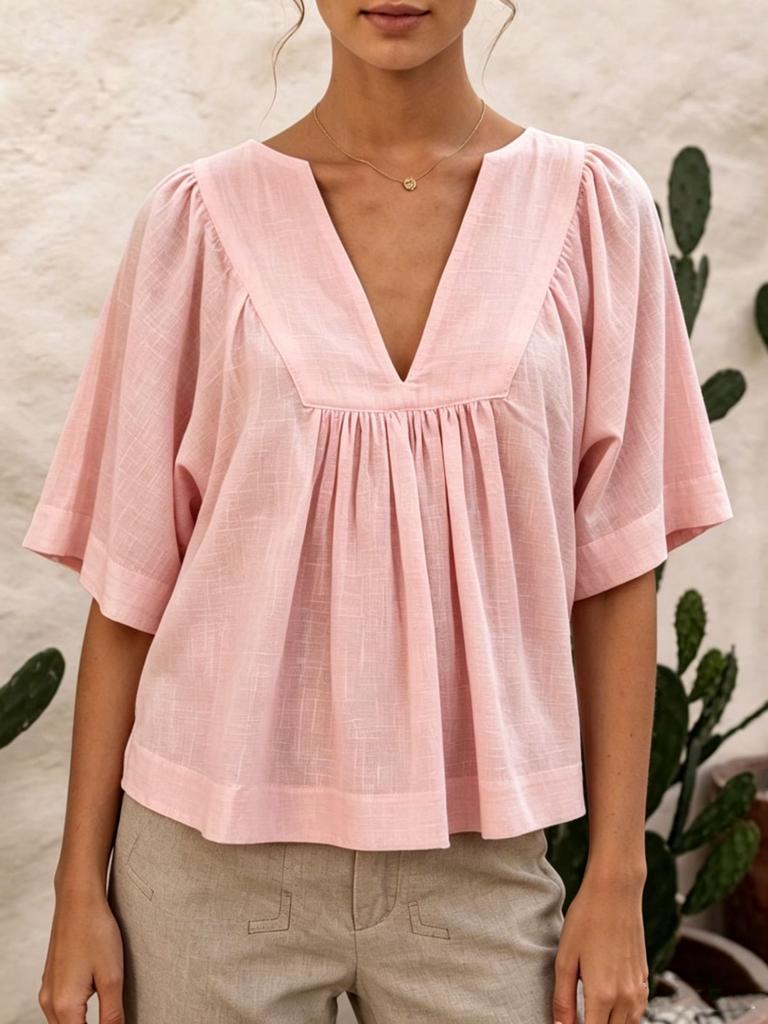Women Casual Fashion Versatile V Neck Solid Color Shirt