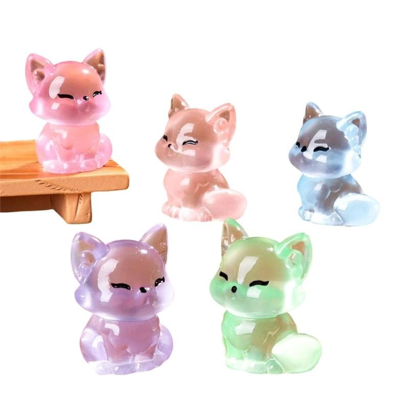 6pcs Cute Little Foxes Sculptures with Glowing in Dark Effect Luminously Animal Figurines for Home Car Interior Decors