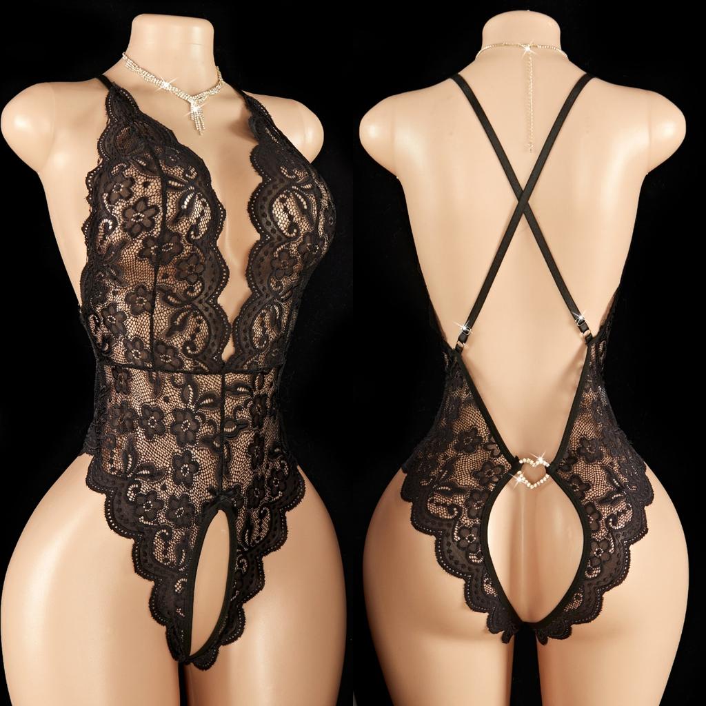 Red Backless Sexy Crotchless Transparent Lace Teddy Babydolls Bodysuits Women One-piece Deep V Neck Open Bra Erotic Hot Lingerie