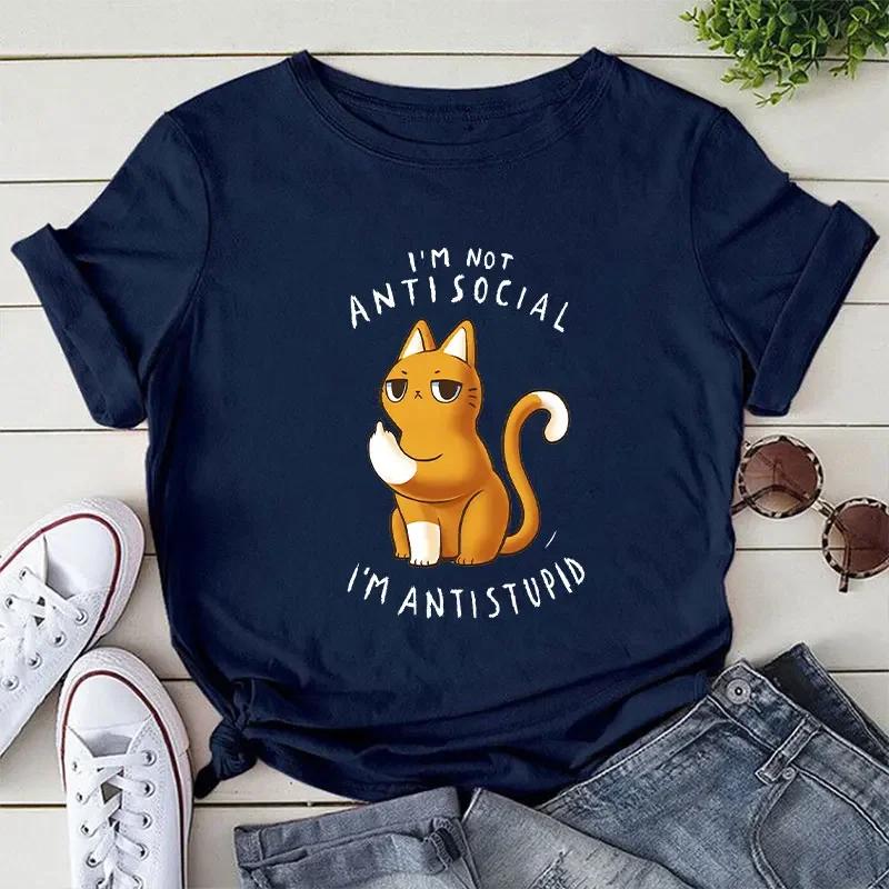 Lässige T-Shirts Damen Ich bin nicht asozial Ich bin antidumm Ästhetischer Trend Sommer Damenkleidung T-Shirt Oberteile Unisex Katze Cartoon T-Shirt